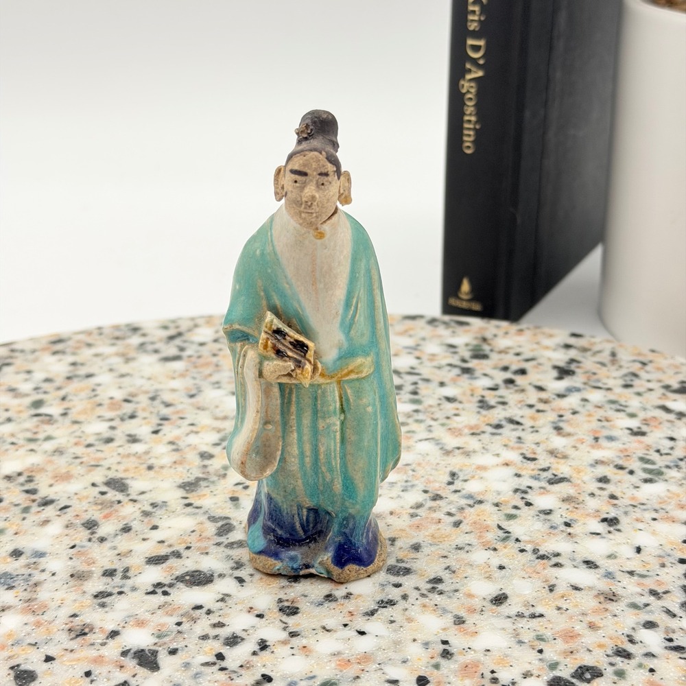 Vintage Chinese Mud Man Scholar Figurine Teal Blue Glaze Pottery 4.5"